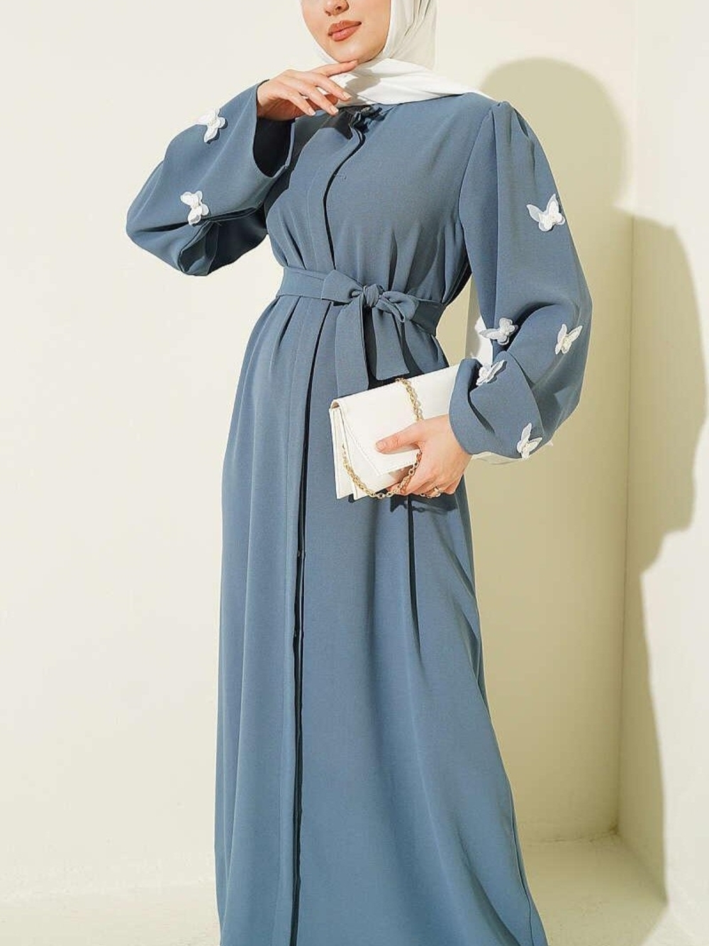 Butterfly Pearl Belted Abaya Dusty Blue Size L-XL - Picture 2 of 8